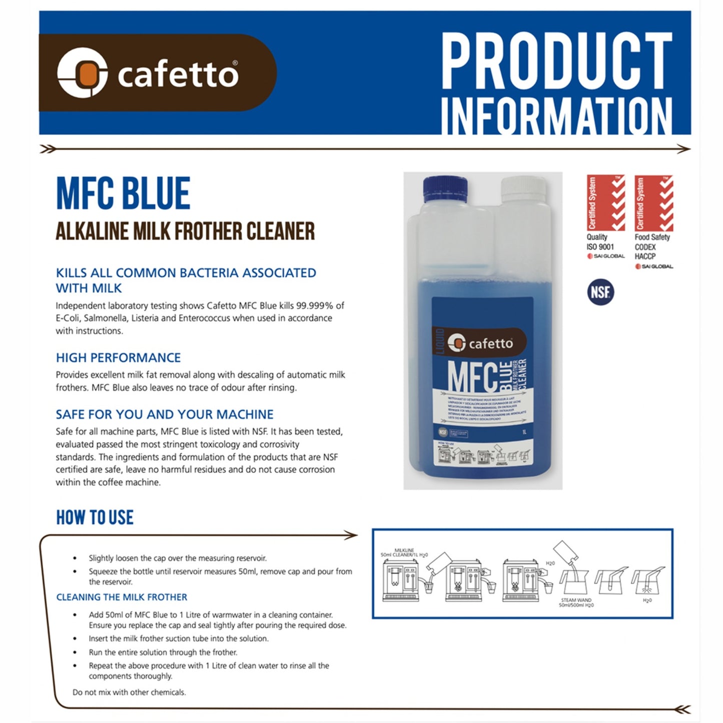 Limpiador De Tubo Vaporizador MFC Blue Cafetto 1 Lt